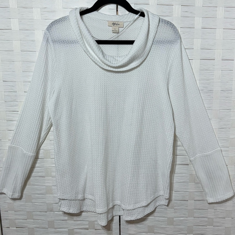 Style & Co White Cowl Neck Long Sleeve Waffle Ribbed Top Size Large‎